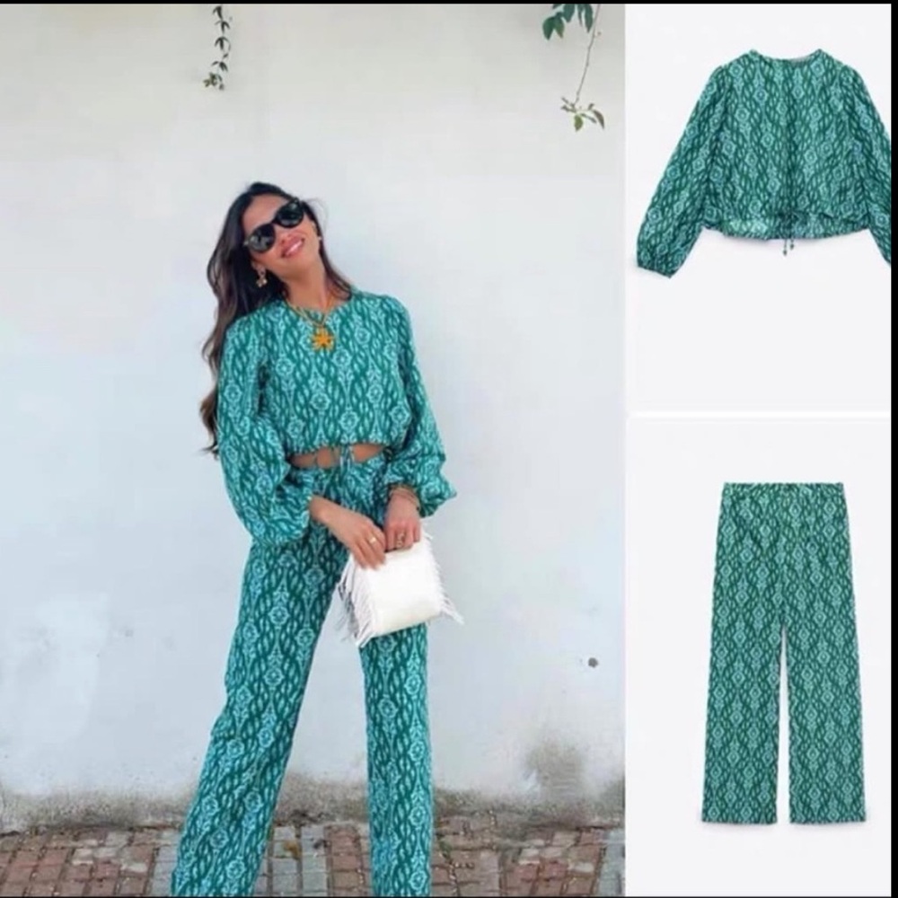 ZARA TWO PIECE BATIK PRINT TOP AND TROUSER SET SIZE XS/S - Picture 2 of 16